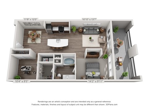 Floor plan for 1 bed, 1 bath, 947 sqft